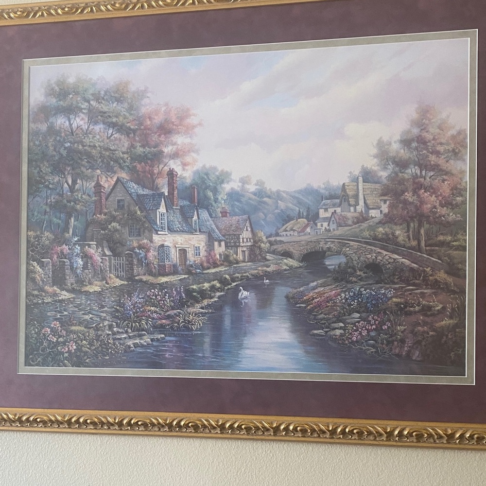 Tranquil Cottage River Art Print in Purple Tones - Picture 2 of 2